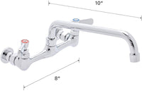Commercial Wall Mount Kitchen Sink Faucet 8 Inches Centers with 10 Inches Swing Spout