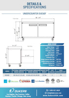 DUC60F 2-Door Under-counter Commercial Freezer in Stainless Steel