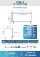 DUC60R 2-Door Under-counter Commercial Refrigerator in Stainless Steel